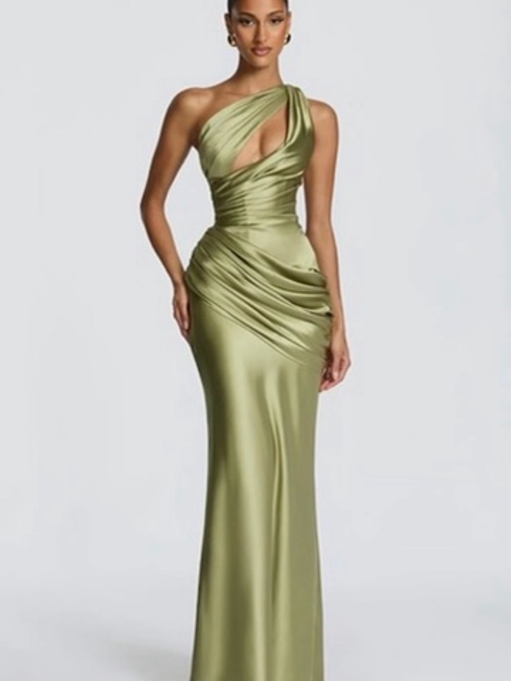Baby boo Amina dress Sculpted One-Shoulder Olive Satin Evening Gown worn once